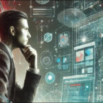 Professionista osserva un'interfaccia digitale con dati e grafici, simbolo dell'integrazione dell'intelligenza artificiale nelle strategie di marketing